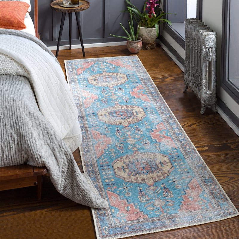 Artistic Weavers Antonia Vintage Global Printed Machine Washable Area Rug - 2'7" x 7'10" Runner - Aqua/Apricot
