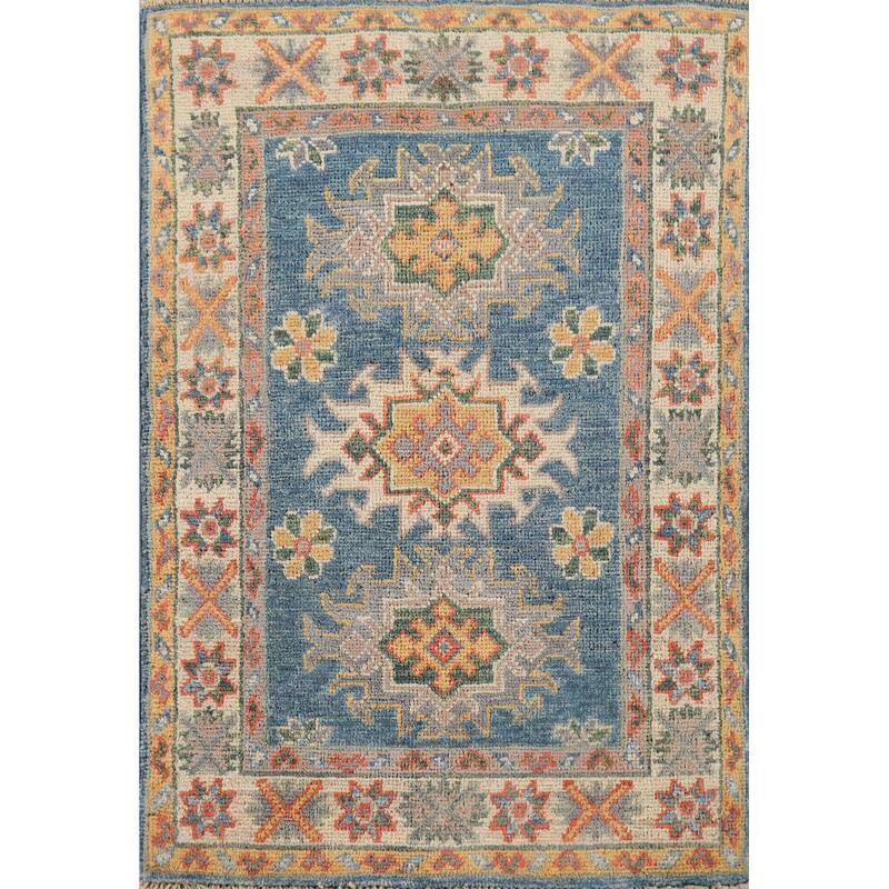 Hand Knotted Oriental 100% Wool Carpet Traditional Geometric Navy Blue & Blues Kazak Area Rug - 2' 10'' X 1' 11''