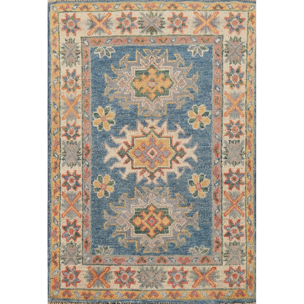 Hand Knotted Oriental 100% Wool Carpet Traditional Geometric Navy Blue & Blues Kazak Area Rug - 2' 10'' X 1' 11''