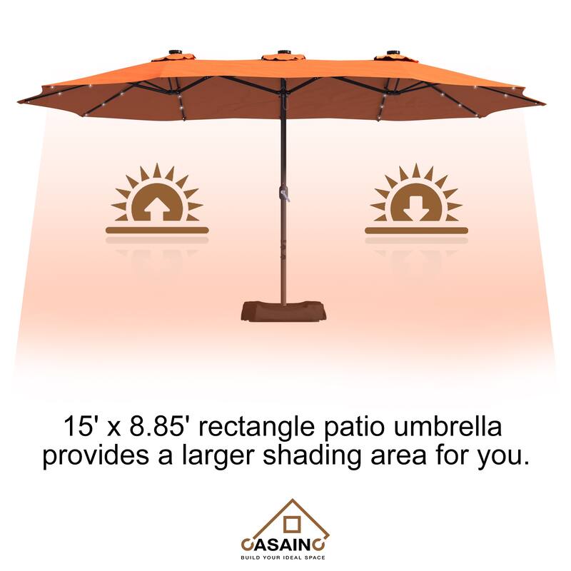15-ft. Rectangular Crank Double-sided Outdoor Market Umbrella Solar LED Lighted Patio Umbrella with Base Included