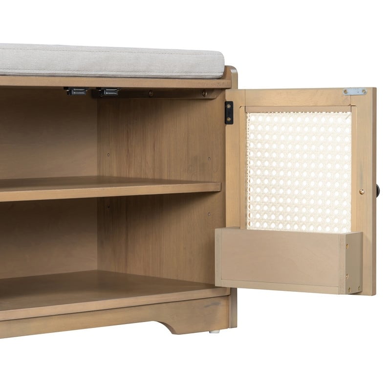 Rustic 47.4" Storage Bench Multifunctional Wooden Entryway Organizer with Removable Cushion and Rattan Doors