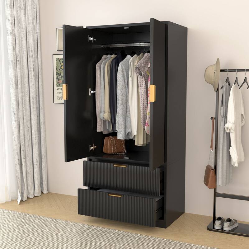 Gymojoy 2 Door Armoire Wardrobe Closet with Drawers, Modern Fluted Bedroom Storage Cabinet