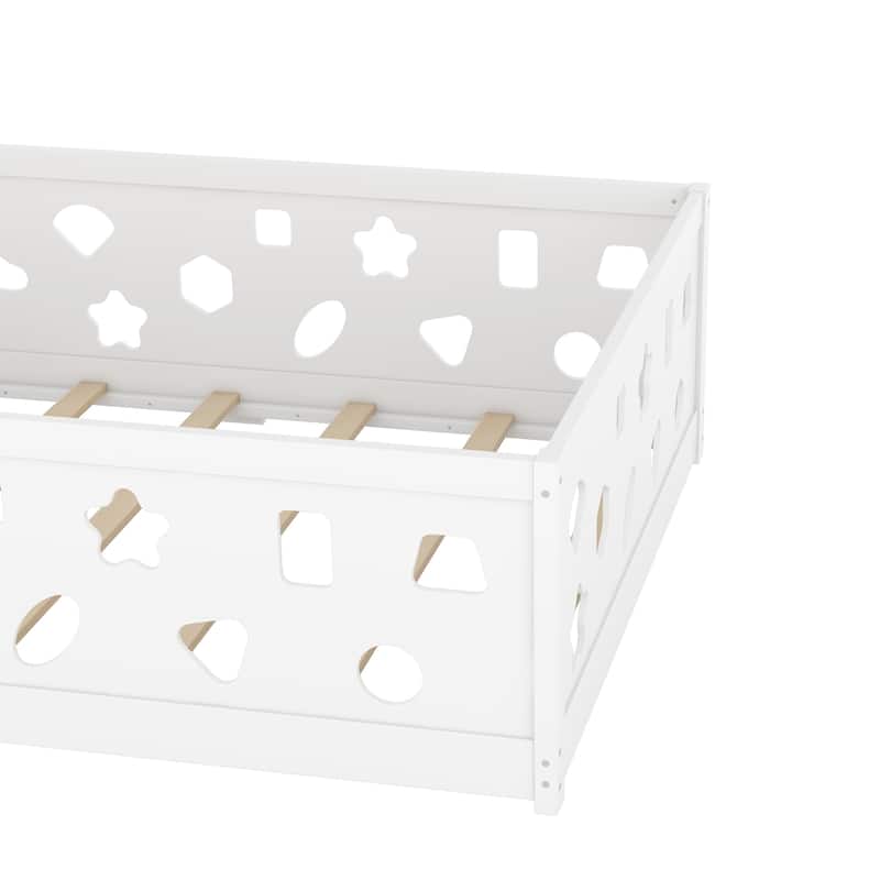 Solid Wood Montessori Floor Bed Frame, Geometric Shaped Floor Bed with Fence and Door, Wooden Slats Support