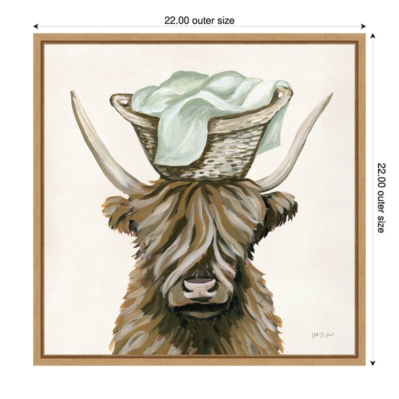 Highland Cow Laundry Basket by Yvette St. Framed Canvas Wall Art Print - 22 x 22 in - Brown