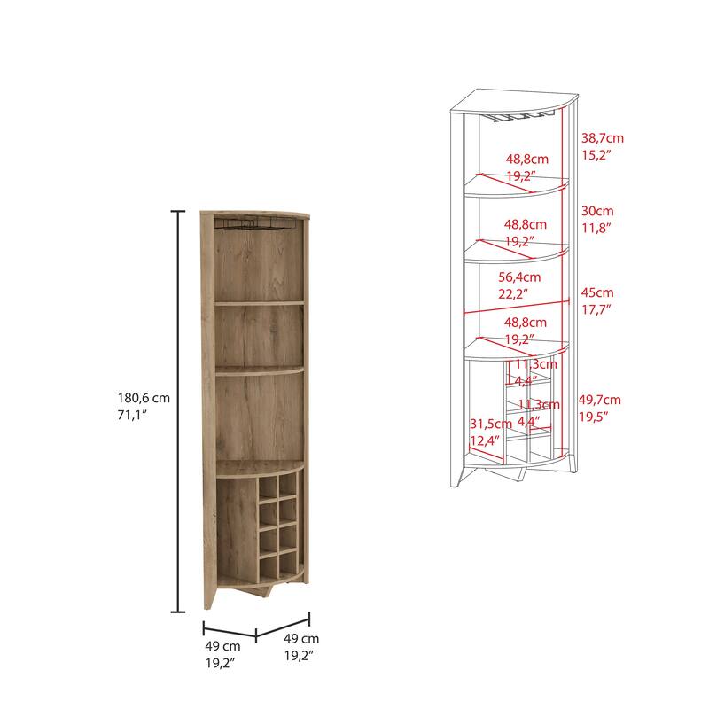Modern Corner Bar Cabinet with 8 Built-In Wine Racks and 3 Shelves for Storage and Display
