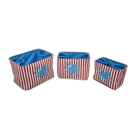 Set of 3 Red / White Striped Blue Octopus Canvas Nesting Storage Bins - 13.75 X 10 X 9.5 inches