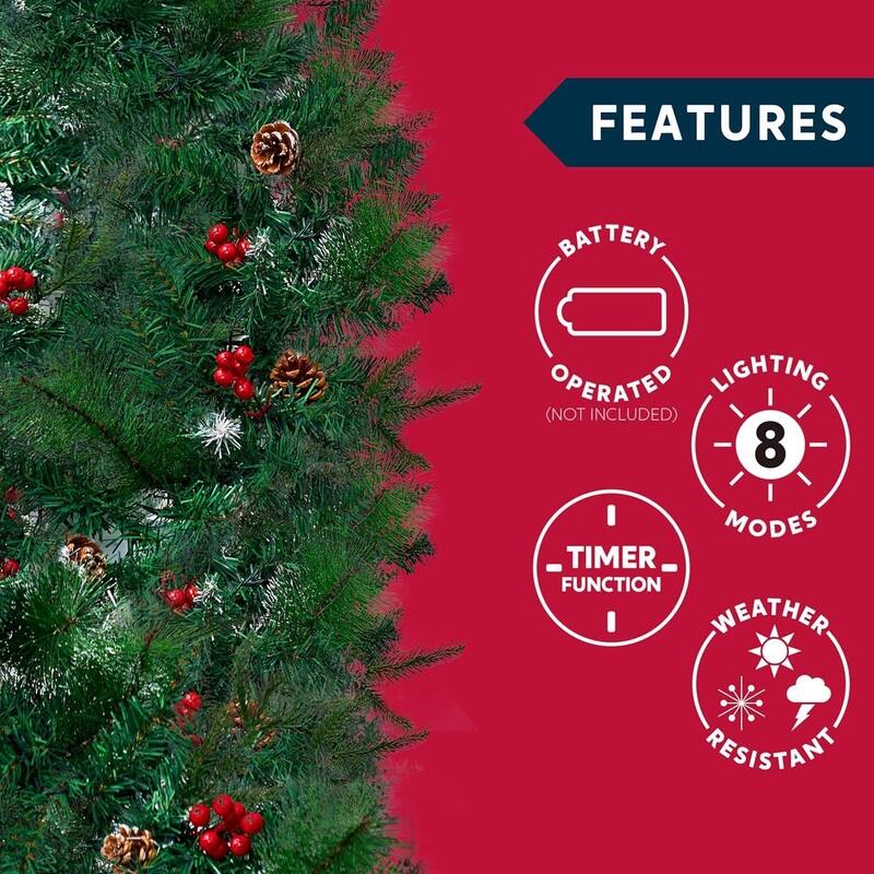 9 ft. Tall Green Plastic Prelit Artificial Christmas Garland with 100 LED Lights, Pine Cones and Red Berries