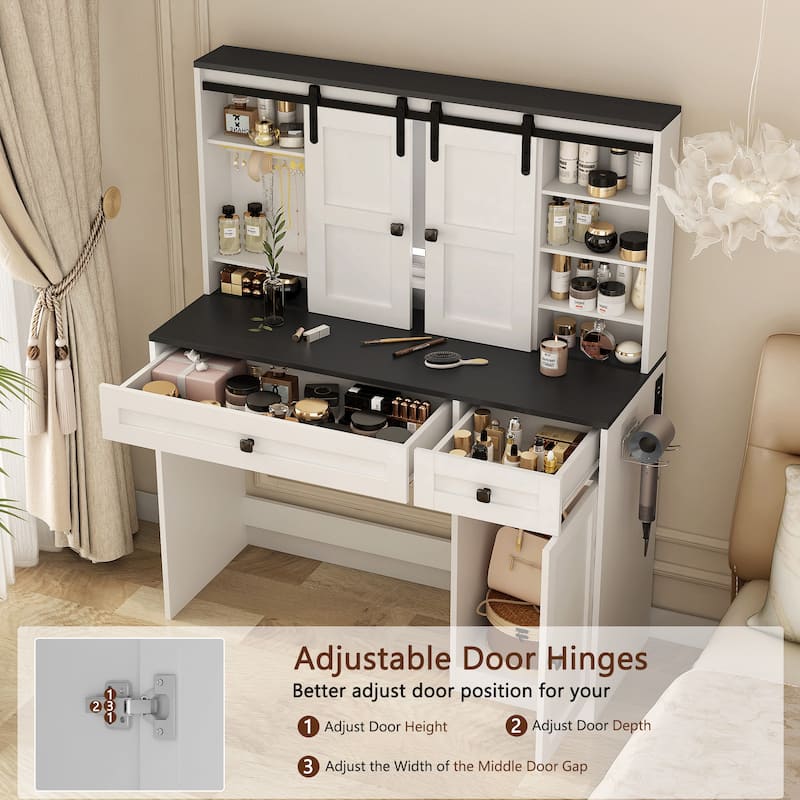 43" Wide Dressing Table with Lighted Mirror and Makeup Drawer, Large Modern Dressing Table Set with Hair Dryer Holder