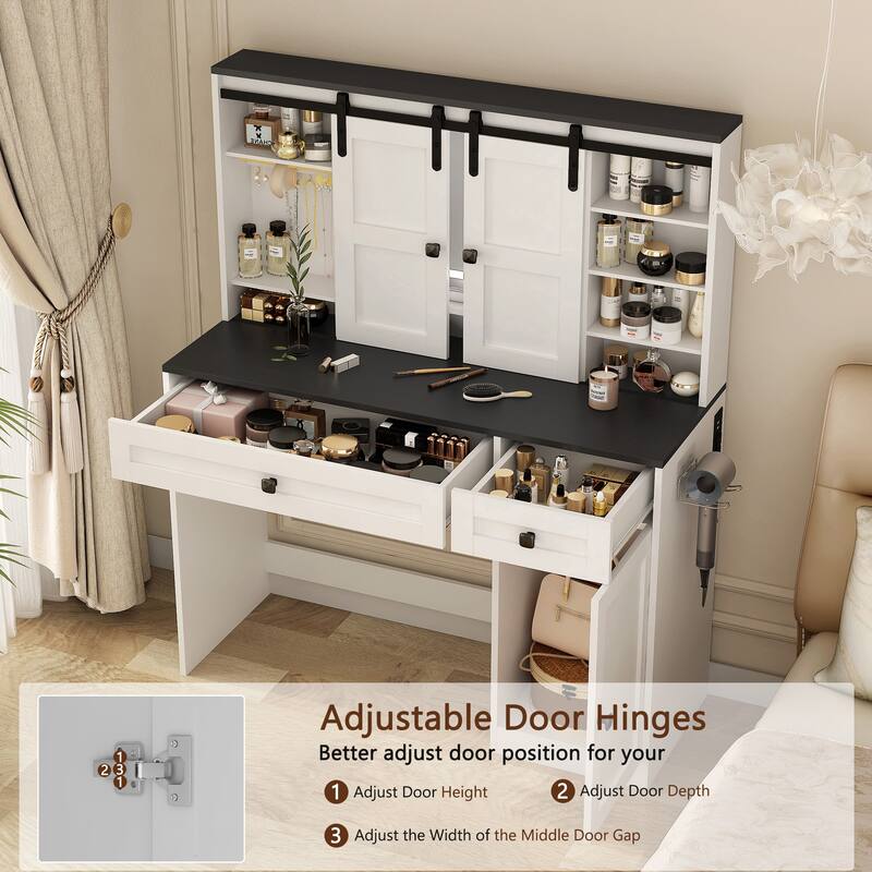 White Dressing Table with LED Mirror, 43" Farmhouse Makeup Vanity with Storage Cabinet & Hair Dryer Shelf