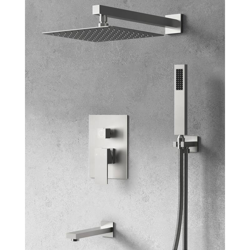 GRANDJOY Shower Faucet System with Tub Spout,10" Rainfall Shower Head with Handheld Spray - Brushed Nickel