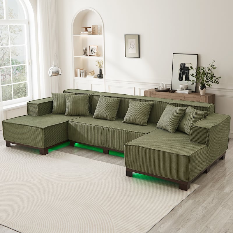 Modern U-Shaped Sectional Sofa Set Stripe Corduroy Upholstered Sofa with Light Strip and 6 Pillows