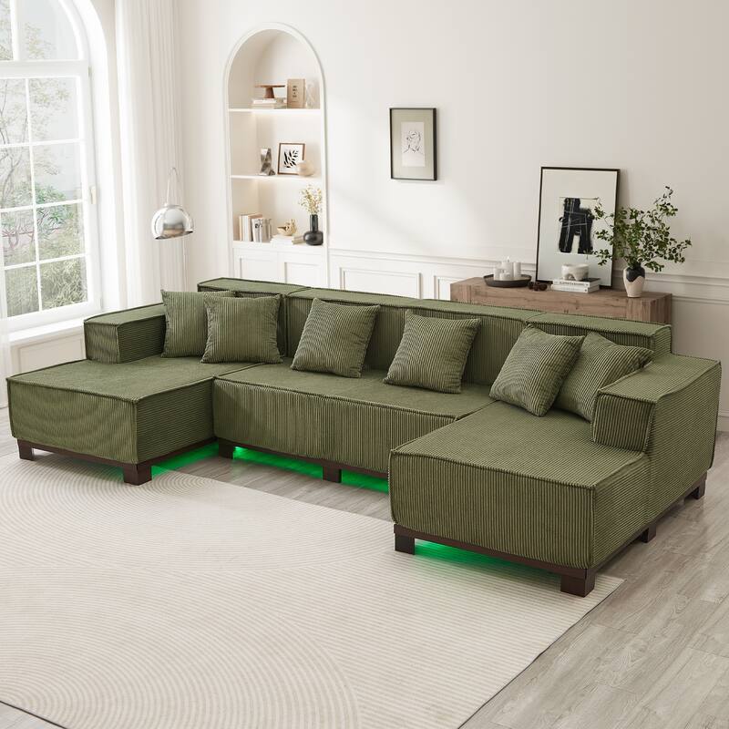 Roomfitters 130 Inch Modern U-Shaped Sectional Sofa with RGB LED Lights and 6 Pillows, Corduroy
