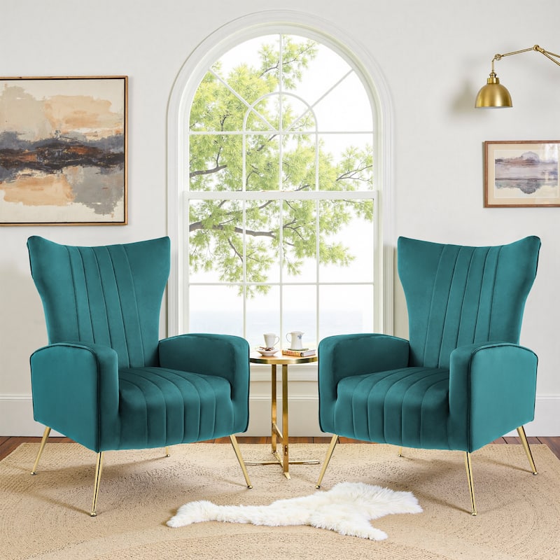 2 Set Velvet Wingback Accent Chairs with Metal Legs for Living Room - Peacock Blue