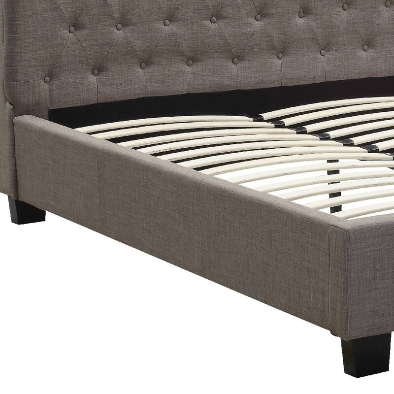 Rue Low Profile King Bed, Button Tufted Uphosltered Rolled Back, Gray