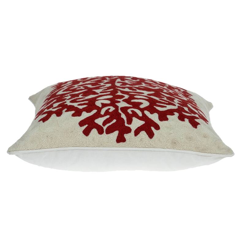 HomeRoots 20" Beige and Red Coastal Wool Throw Pillow With Embroidery