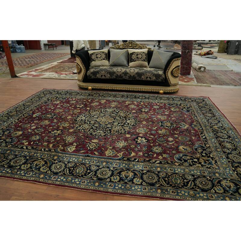 Hand Knotted Oriental 100% Wool Carpet Traditional Floral Red Mashad Area Rug - 13' 0'' X 9' 10''