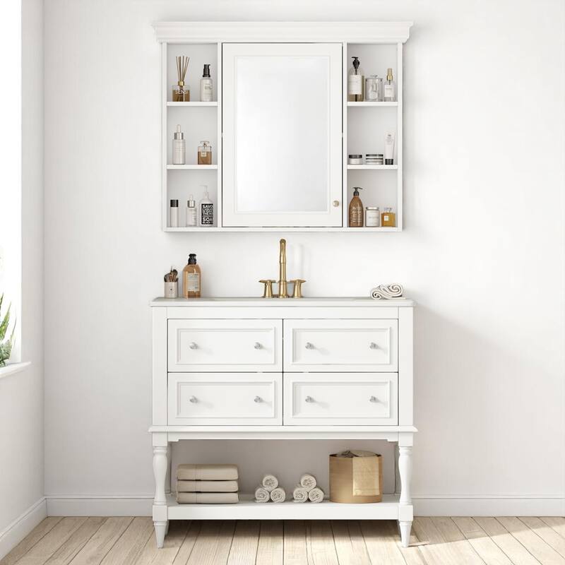 36"" Bathroom Vanity with Ceramic Sink and Medicine Cabinet, 4 Drawers, Storage Shelf, Solid Wood Frame,Bathroom Cabinet Set - White - 36" Ceramic,Solid Wood+MDF