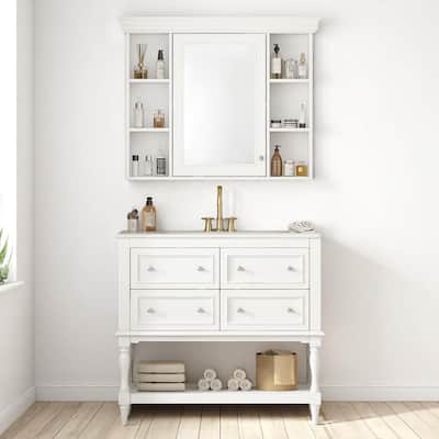 36"" Bathroom Vanity with Ceramic Sink and Medicine Cabinet, 4 Drawers, Storage Shelf, Solid Wood Frame,Bathroom Cabinet Set
