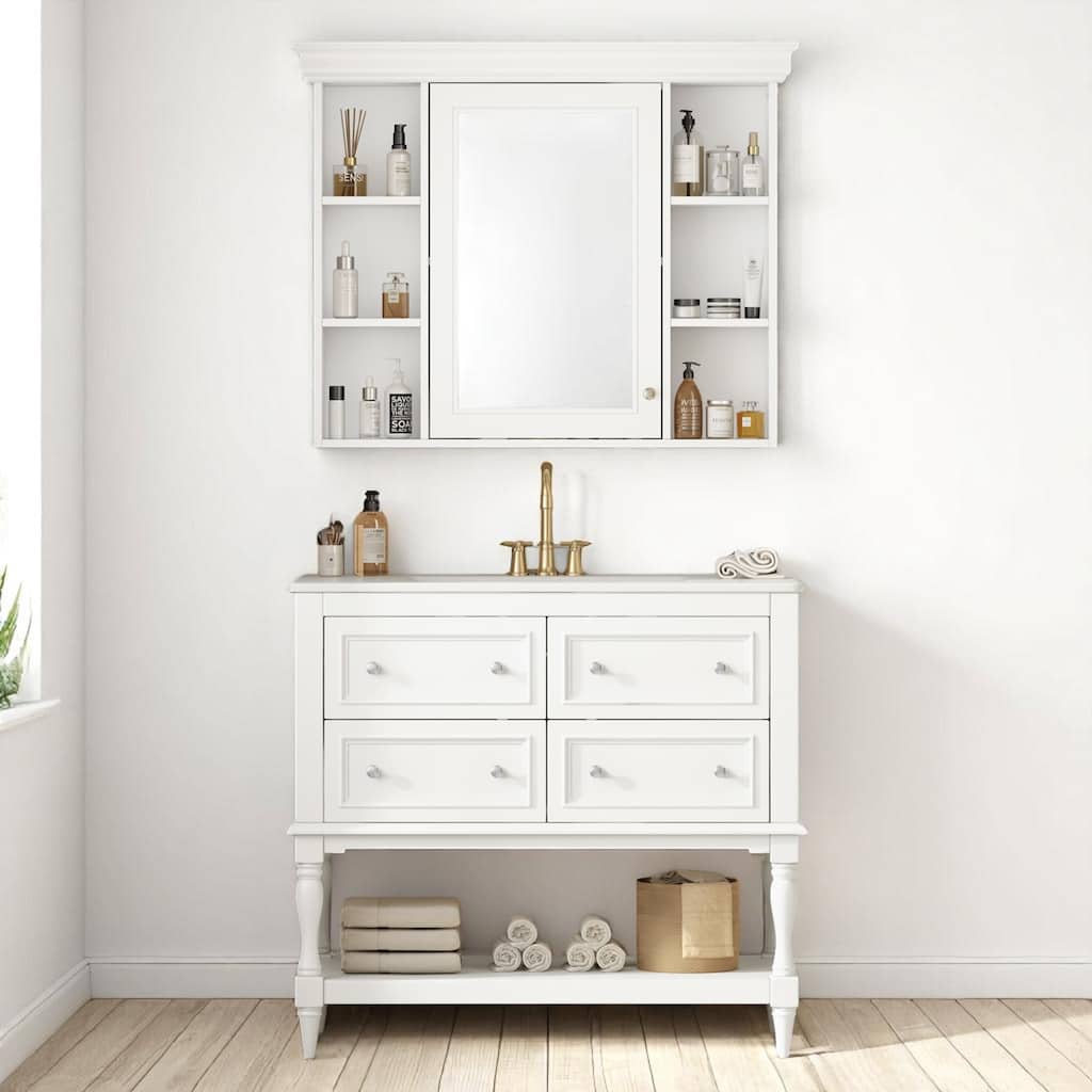 36"" Bathroom Vanity with Ceramic Sink and Medicine Cabinet, 4 Drawers, Storage Shelf, Solid Wood Frame,Bathroom Cabinet Set