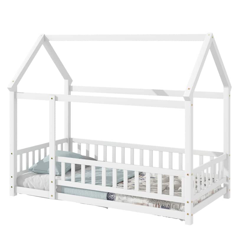 Twin Size Wooden Floor Bed with House Roof Frame, Fence Guardrails for Kids, Bedroom