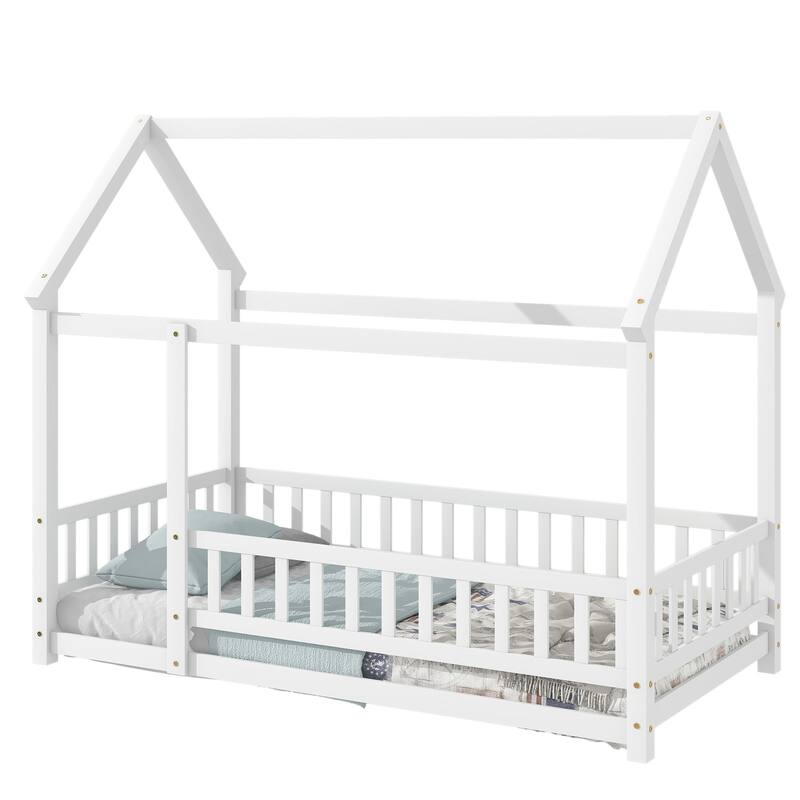 Wooden Floor Bed with House Roof & Guardrails