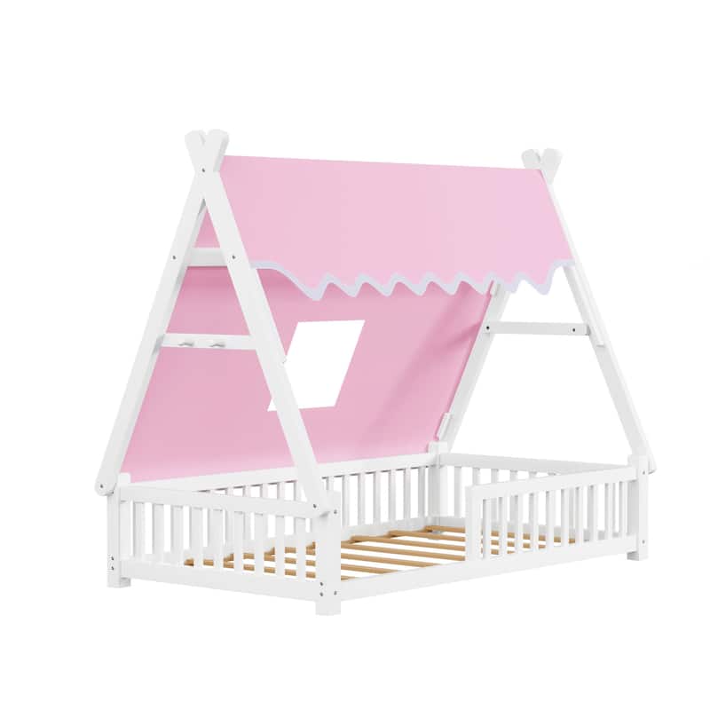 Twin Size Low House Tent Bed with Removable Roof Convertible Floor Bed with Fence, No Door for Kids Boys Girls