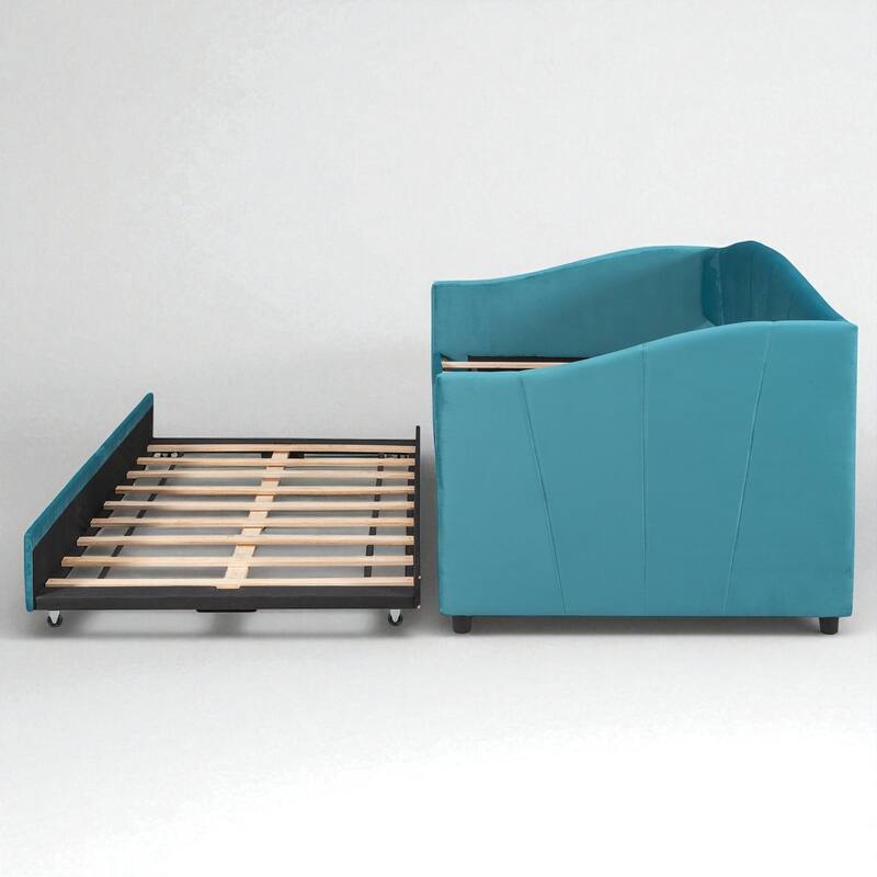 Twin Upholstered Daybed with Trundle Bed and Wood Slats, Velvet Sofa Bed Frame, No Box Spring Required