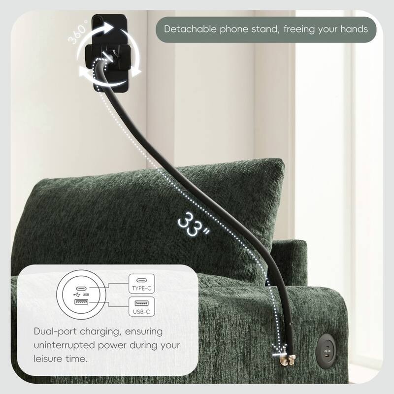 38" Chenille Single Sofa with Storage Ottoman, USB Charger, Side Storage Pockets, Pillow-like Armrests