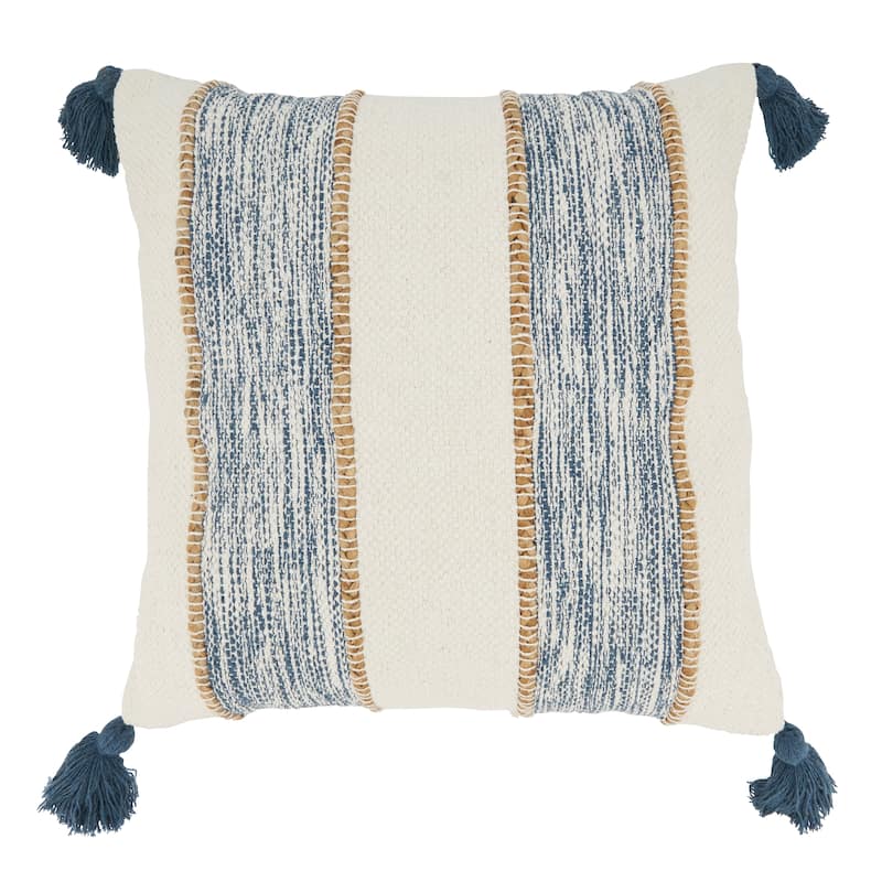 Striped Pillow With Tassel Corners Design - 20" x 20" - Polyester - Navy Blue