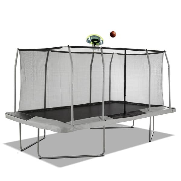 slide 2 of 7, Machrus 9'x15' Rectangle Trampoline w/ Premium Top-Ring Enclosure System and Trampoline Basketball Hoop with Ball & Pump - Black