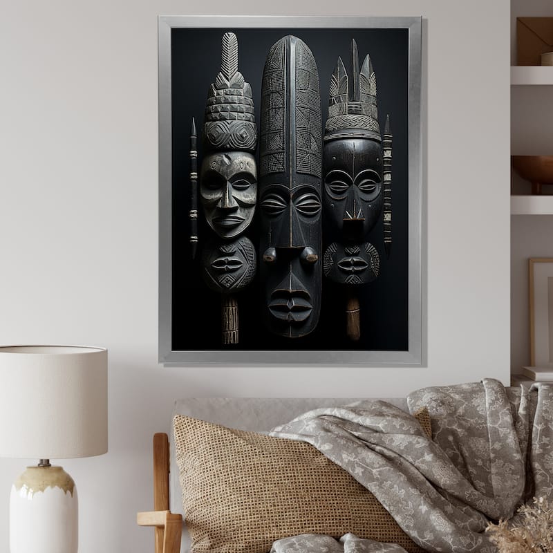 Designart "African Mask" African American Art Framed Wall Art Prints - 16 in. wide x 32 in. high - Silver