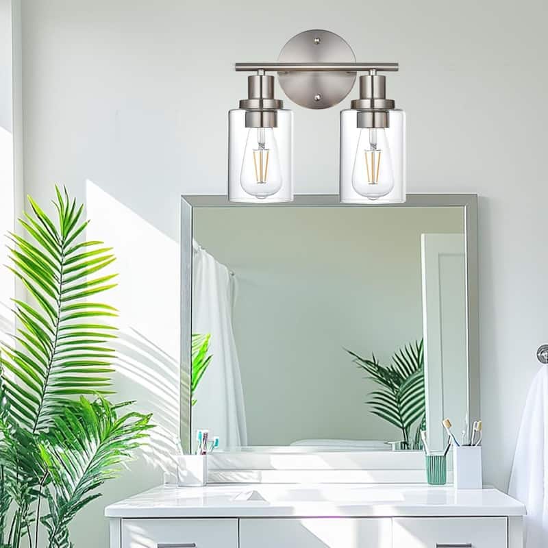 2-Light Bathroom Light Fixtures, Brushed Nickel Modern Vanity Lights Over Mirror with Clear Glass Shade, Bathroom Wall Lamp