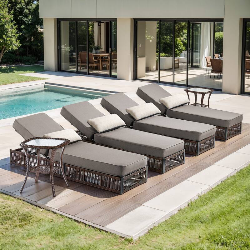 Pocassy 6 Pieces Patio Chaise Lounge Chair with Adjustable Backrest - Brown Wicker Gray Cushion