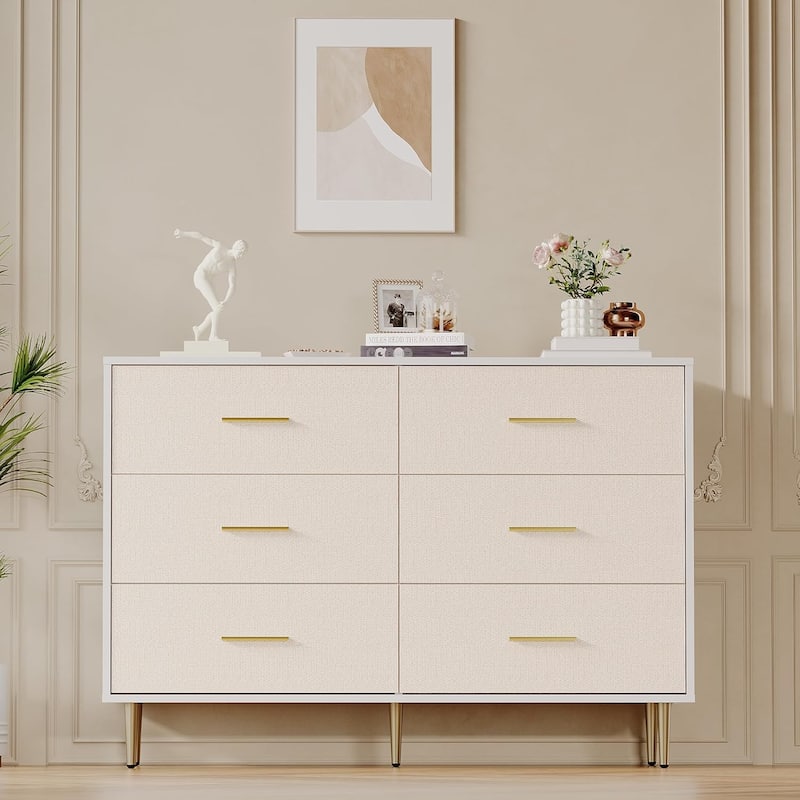 Modern Dresser for Bedroom, Fabric Pattern Chest of Drawer with Gold Metal Handles and Legs - 6-drawer