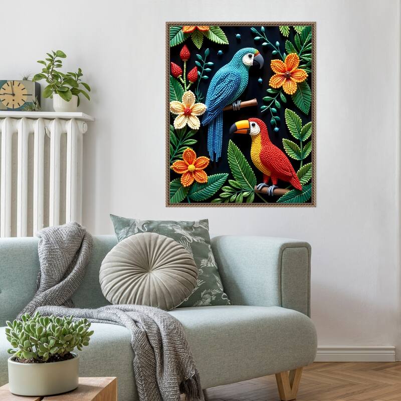 Parrot and Toucan In a Beaded Forest by Uma Gokhale Framed Canvas Wall Art