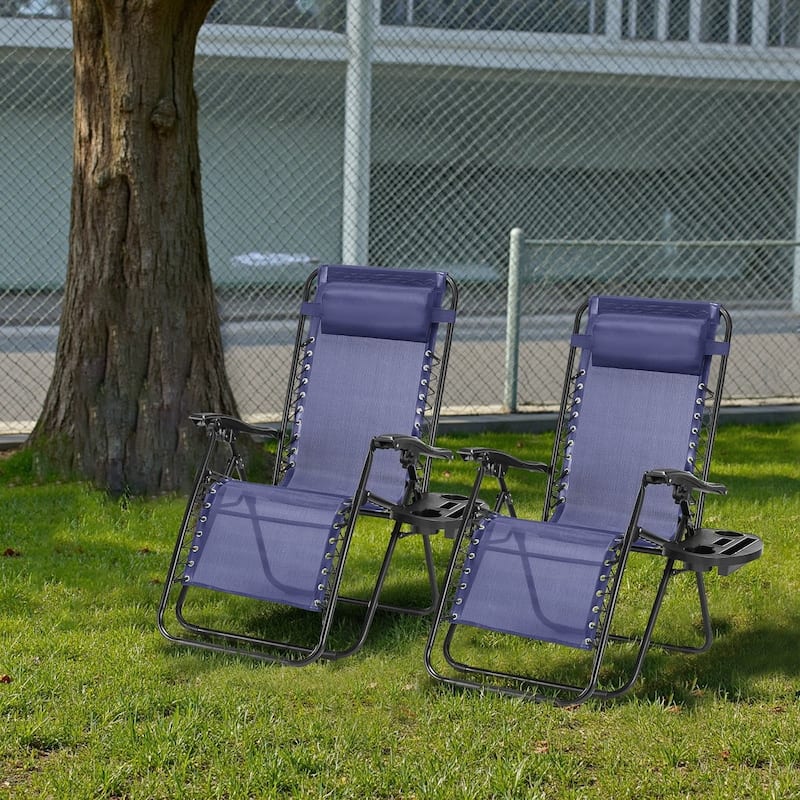 Set of 2 Folding Reclining Lounge Chair, Outdoor Zero Gravity Recliner W/Side Tray & Detachable Headrest Pillow