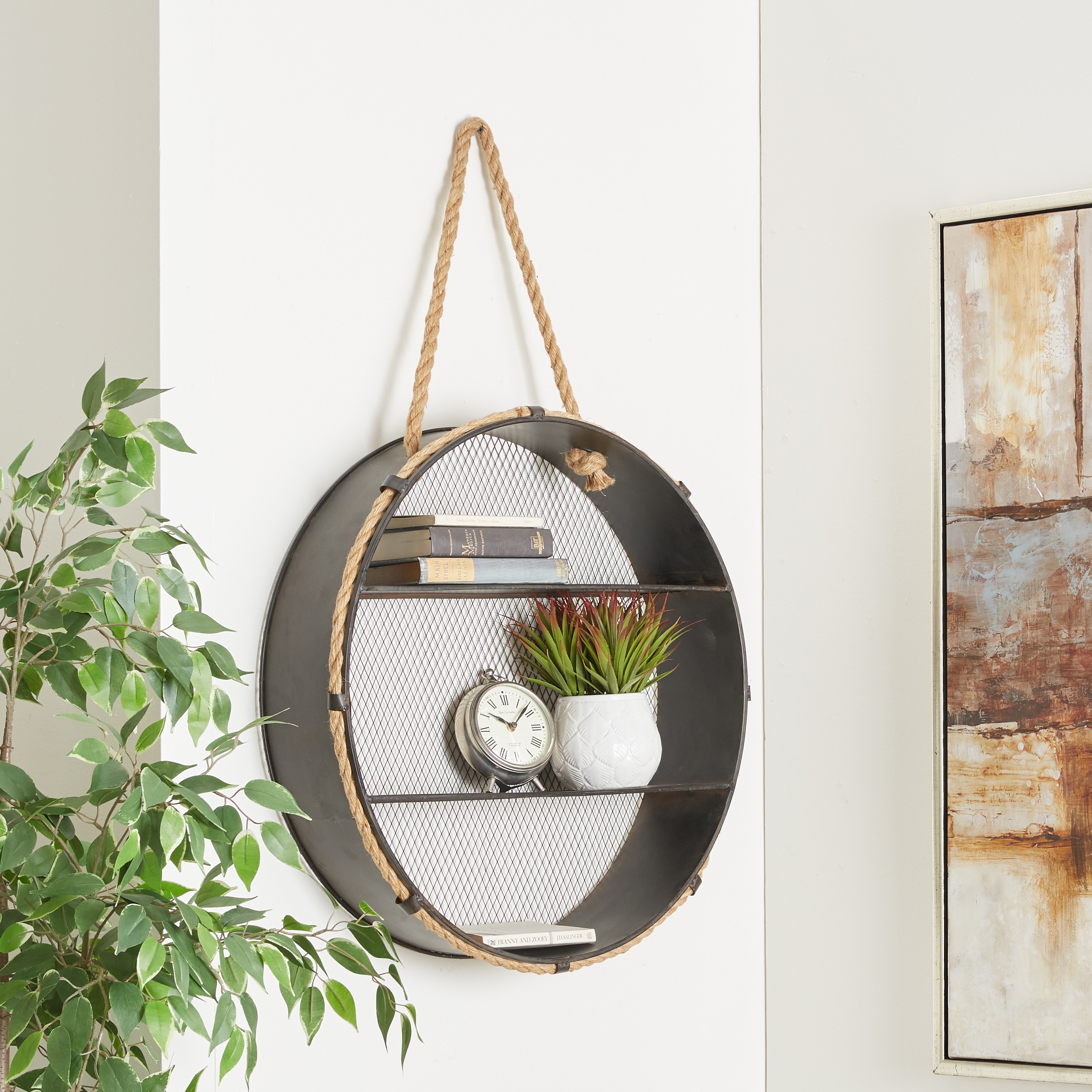 Black Metal Round 2 Shelves Wall Shelf with Hanging Rope On Sale Bed Bath Beyond 12177720