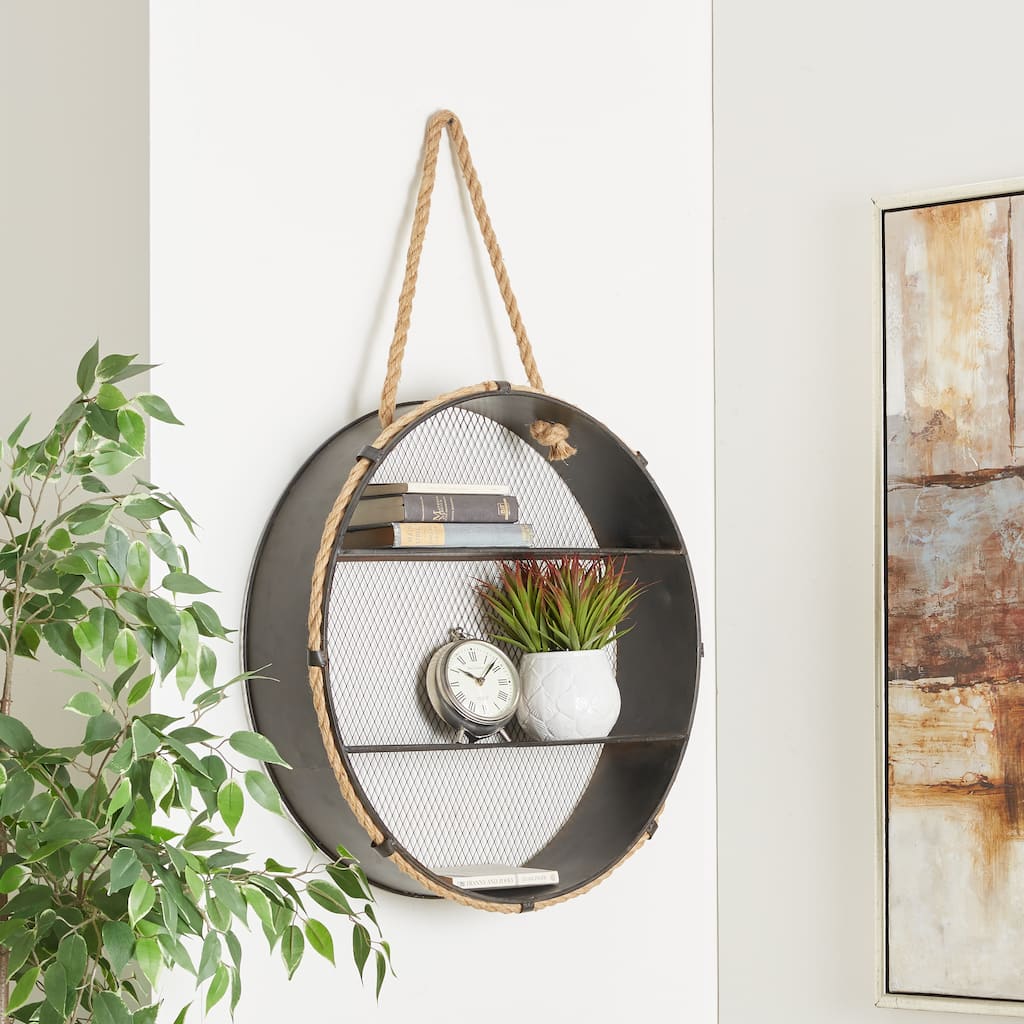 Black Metal Round 2 Shelves Room Wall Shelf with Hanging Rope
