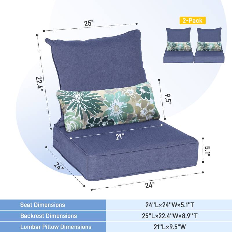 Aoodor Outdoor Deep Seat Chair Cushion Set (Set of 2 Seats, 2 Backs, 2 Pillows)