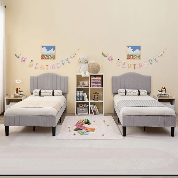 slide 2 of 23, VECELO Height Adjustable Upholstered Kids Bed Frame,Twin Size Bed Set of 2 Light Grey