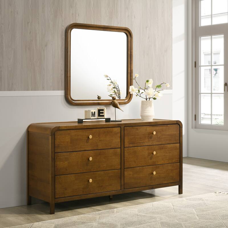 Roundhill Furniture Eldren 6-Drawer Wood Dresser with Mirror, Walnut Finish