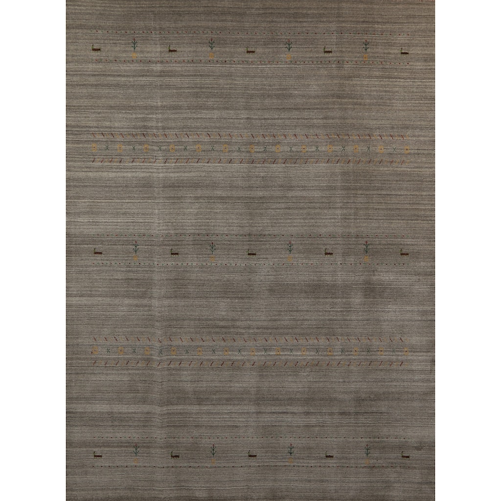 Hand Knotted Oriental 100% Wool Carpet Tribal Animal Pictorial Greys & Charcoal Gabbeh Area Rug - 9' 9'' X 7' 11''