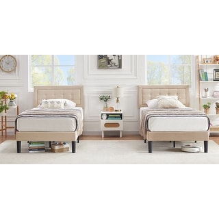 VECELO Tufted Upholstered Kids Bed with Adjustable Headboard,Twin Size Bed Set of 2