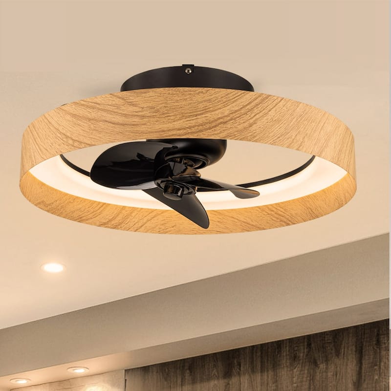 C Cattleya 22" Black and Woodgrain Farmhouse Dimmable LED Round Ceiling Fan with Remote Control - Black