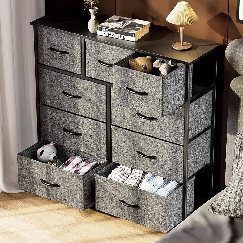 Tall Dresser Storage Tower with 9 Fabric Drawers, Grey