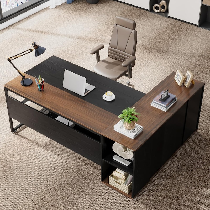 71" L-Shaped Executive Desk, Large Office Desk with Cabinet - Brown and Black