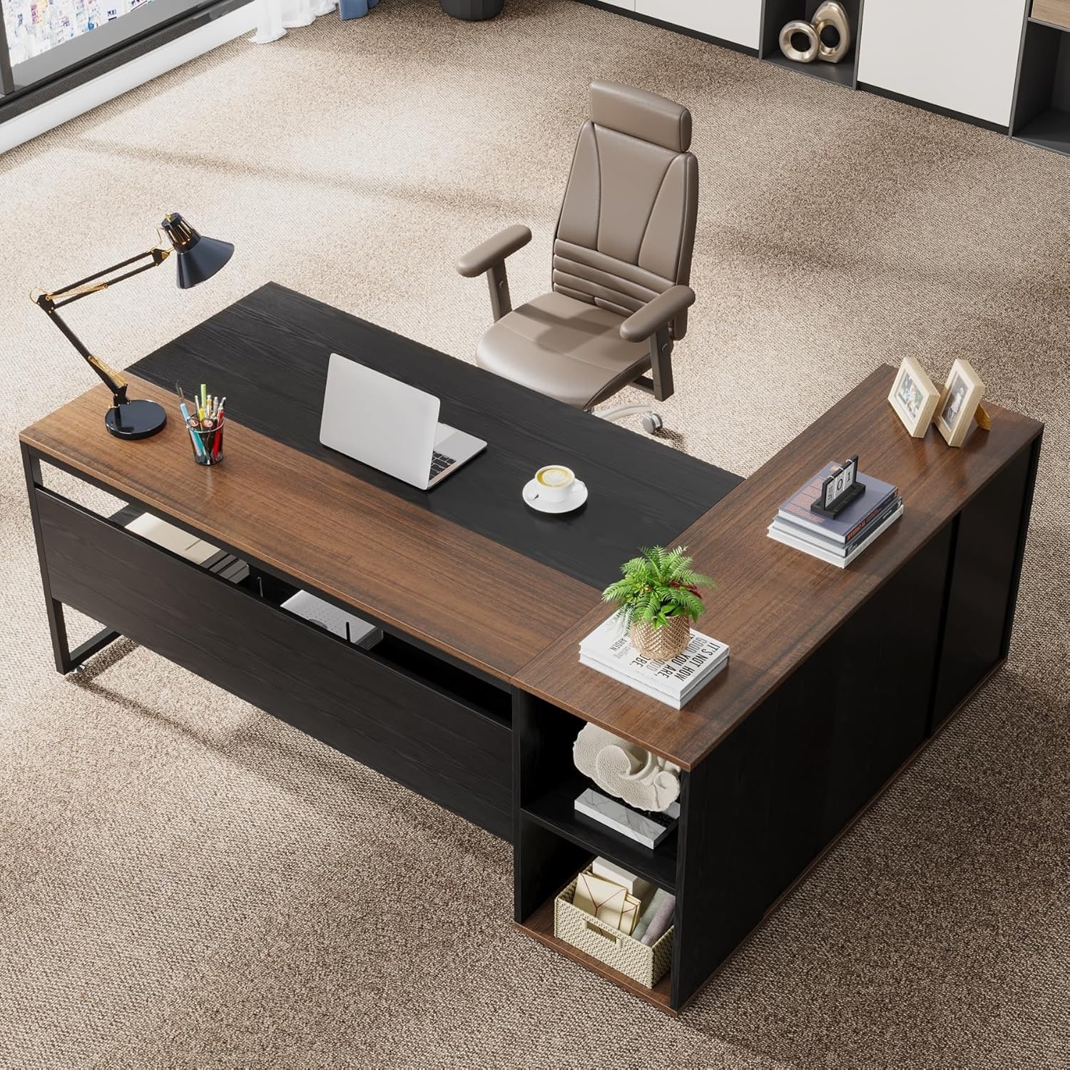 71" L-Shaped Executive Desk, Large Office Desk with Cabinet