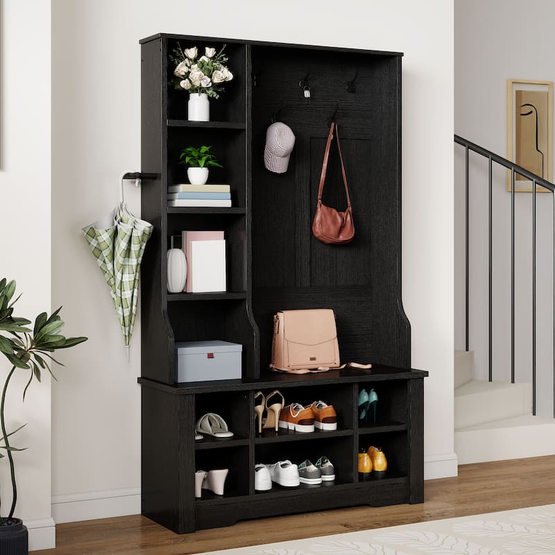 Moasis 39"/59" Farmhouse Hall Tree Bench Shoe Storage Coat Rack for Entryway with Adjustable Shelf