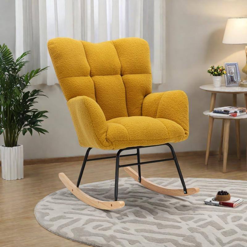 Teddy Fabric Rocking Glider Chair with Wooden Frame and 250lb Weight Capacity - Yellow