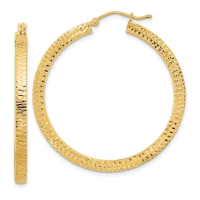Curata 14k Yellow Gold Polished and Hammered 40.64x3mm Hoop Earrings